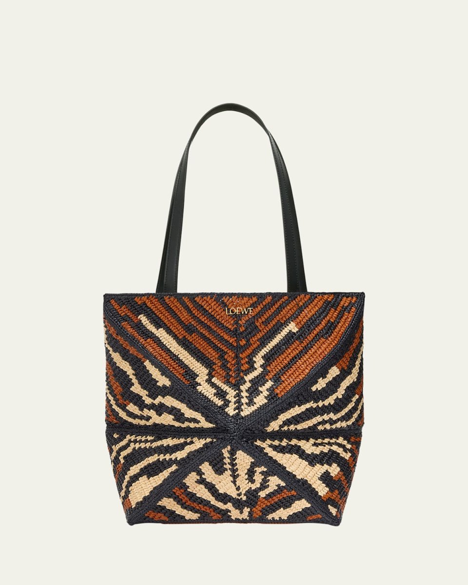 Puzzle Fold Medium Tote Bag in Geometric Raffia and Leather